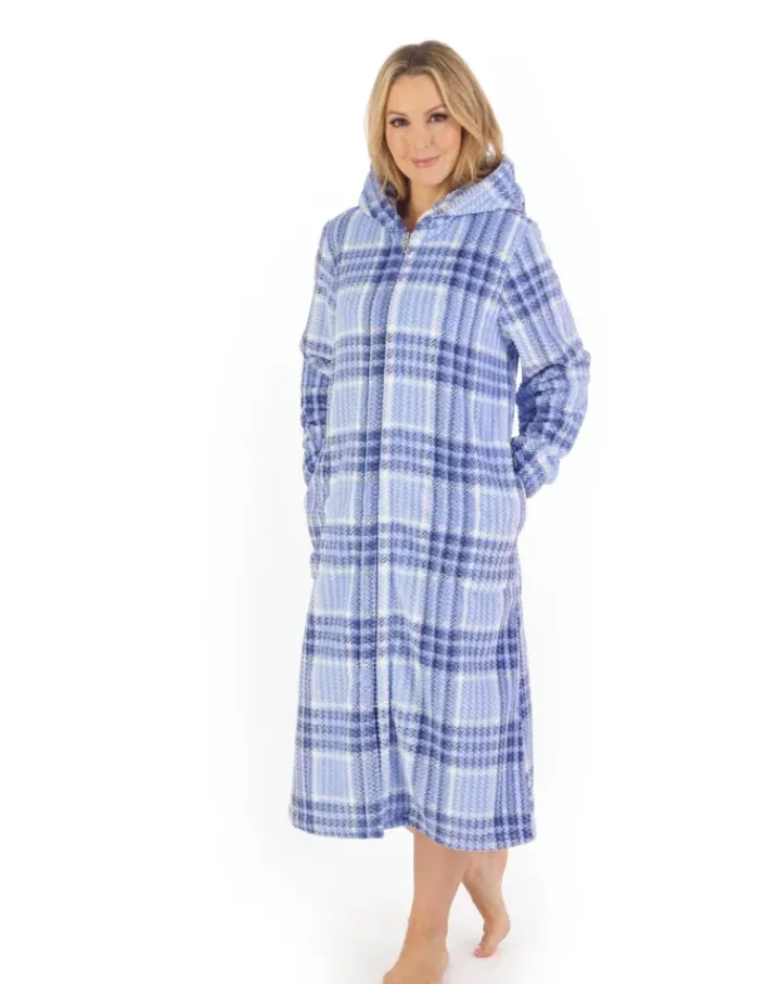 Check Print Waffle 46" Hooded Zip Housecoat HC06331
