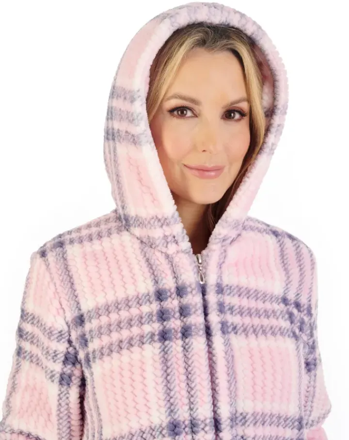 Check Print Waffle 46" Hooded Zip Housecoat HC06331