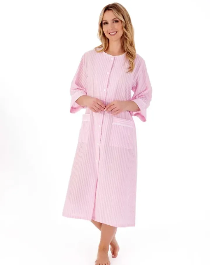 Classic Stripe Seersucker 45" Popper Woven Housecoat HC01226