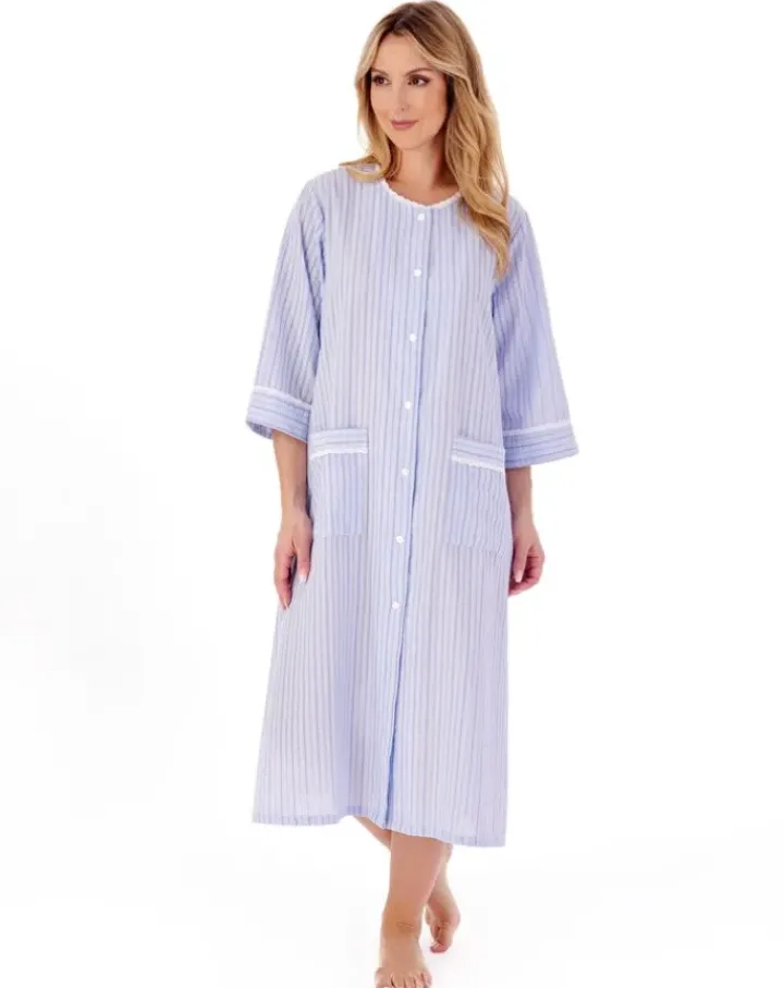 Classic Stripe Seersucker 45" Popper Woven Housecoat HC01226