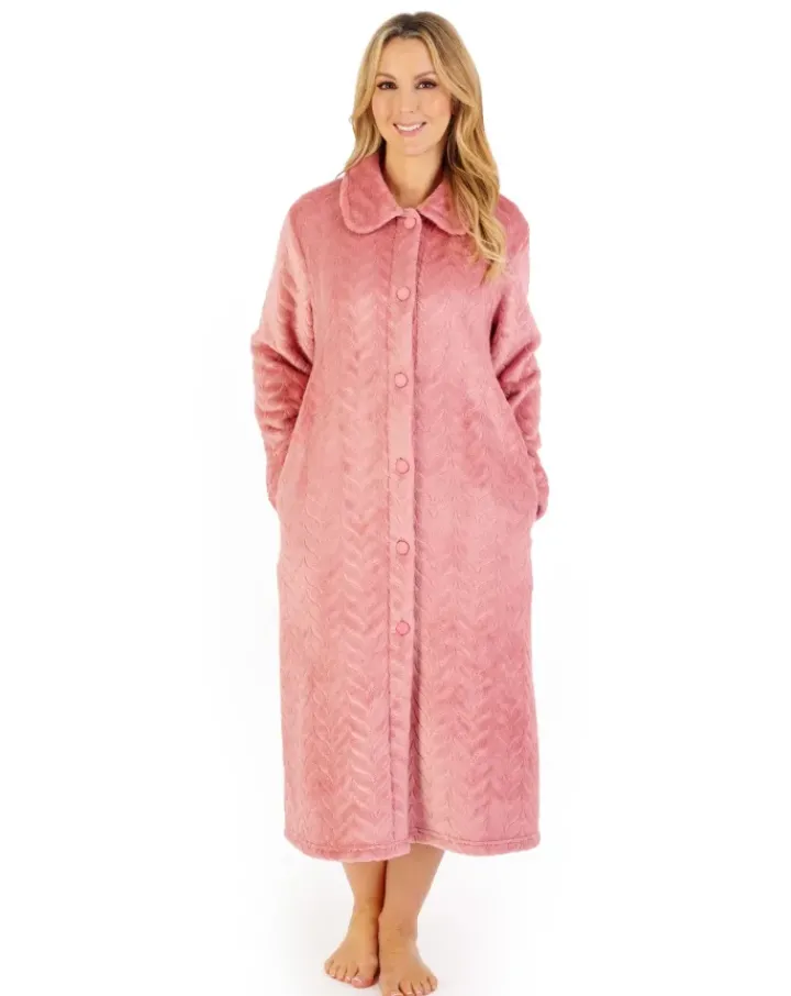 Embossed Pattern Fleece 46" Button Through Housecoat HC06316