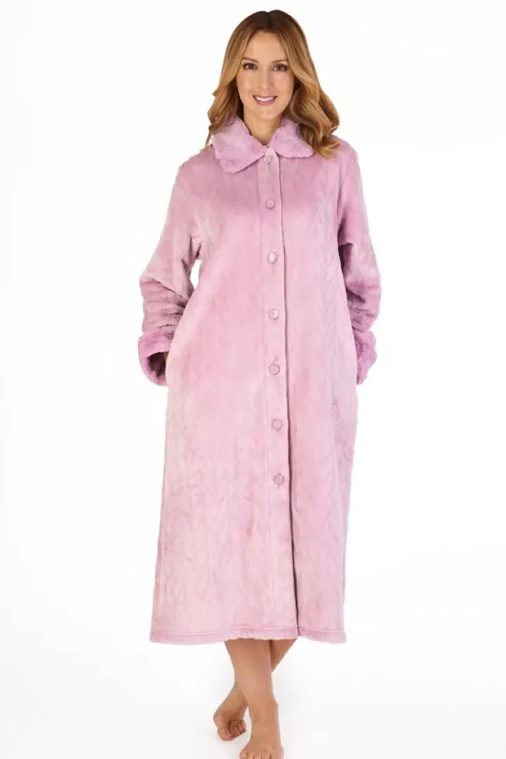Patterned Faux Fur Collar 46" Button Through Housecoat HC4336