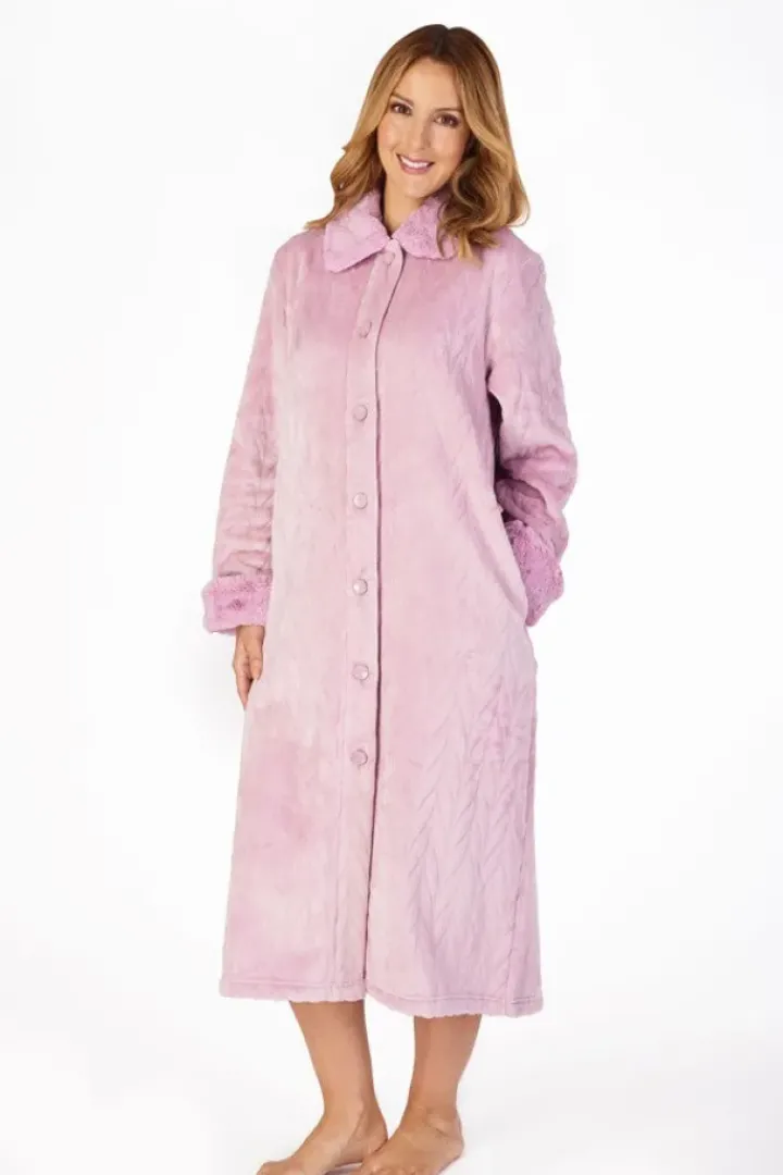 Patterned Faux Fur Collar 46" Button Through Housecoat HC4336