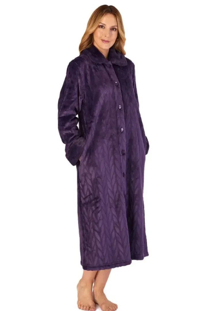 Patterned Faux Fur Collar 46" Button Through Housecoat HC4336