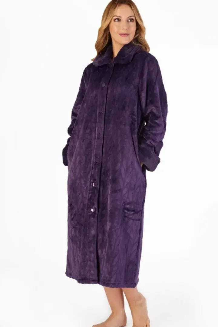 Patterned Faux Fur Collar 46" Button Through Housecoat HC4336
