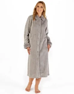 Patterned Faux Fur Collar 46" Button Through Housecoat HC66336