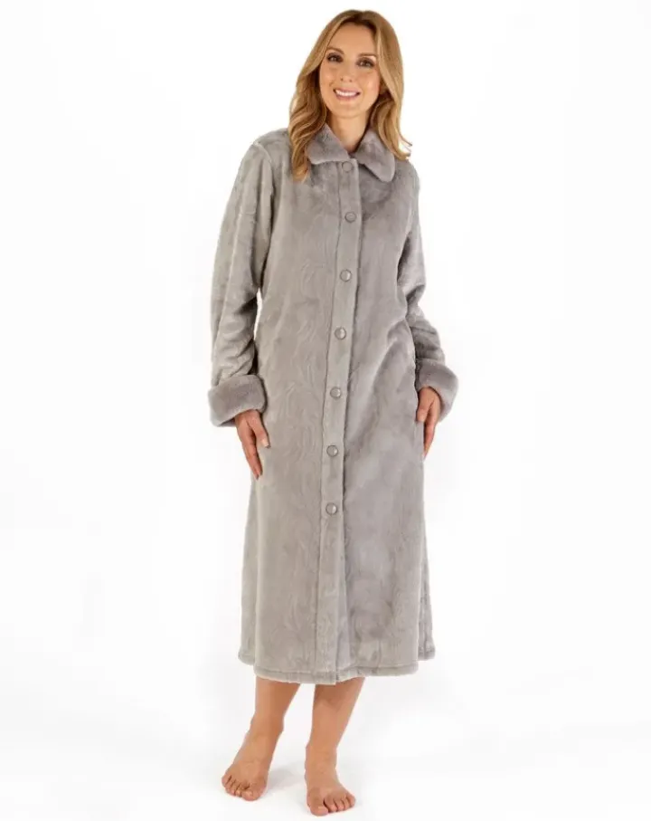 Patterned Faux Fur Collar 46" Button Through Housecoat HC66336