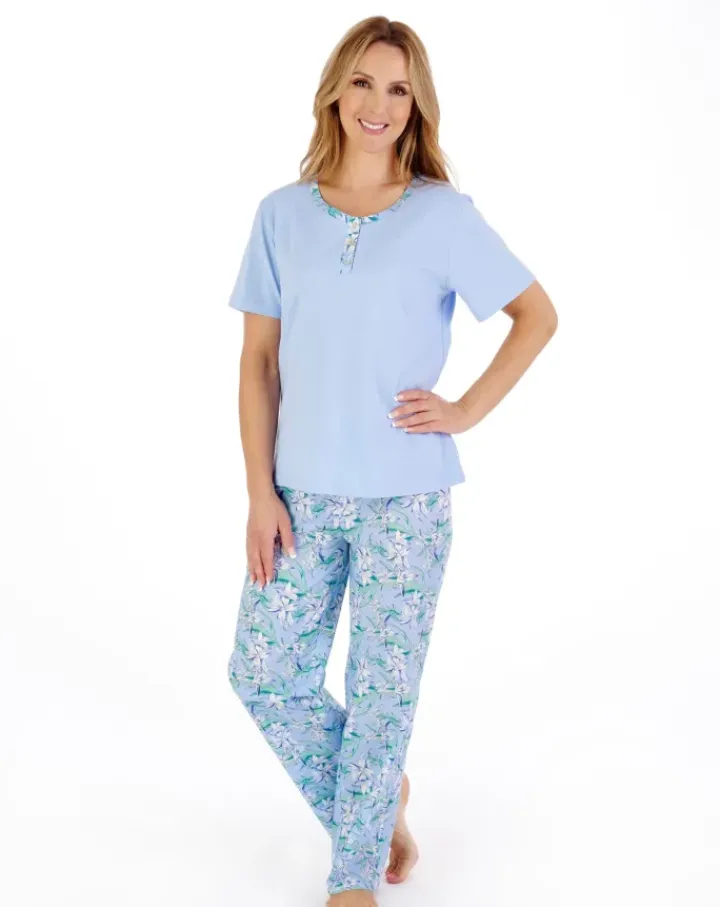 Tropical Flower Print Jersey Top with Woven Trouser Pyjama PJ05222