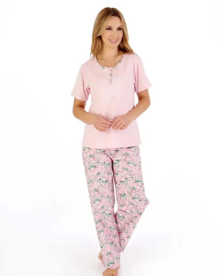 Tropical Flower Print Jersey Top with Woven Trouser Pyjama PJ05222