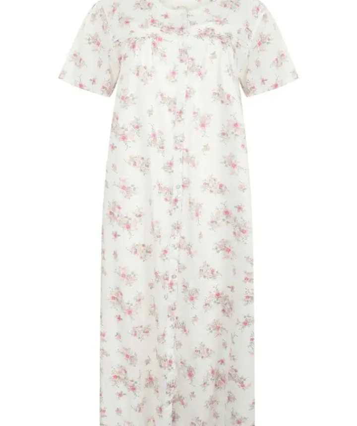 White Ground Floral Print 45" Button Through Nightdress ND3108