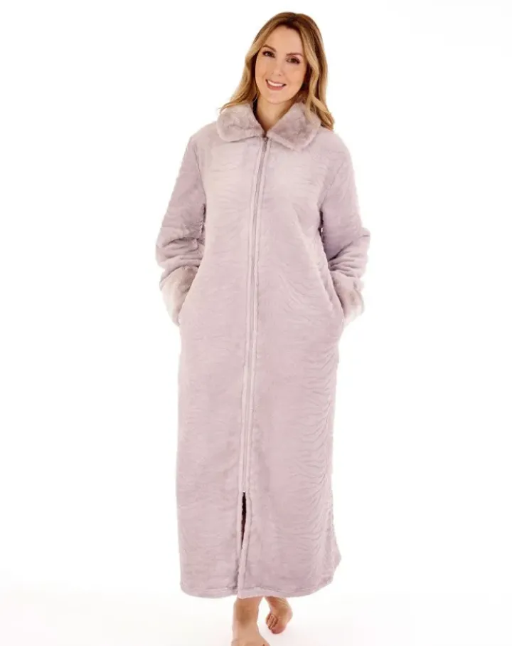 Zebra Inspired Print Faux Fur 50" Zip Housecoat HC88337